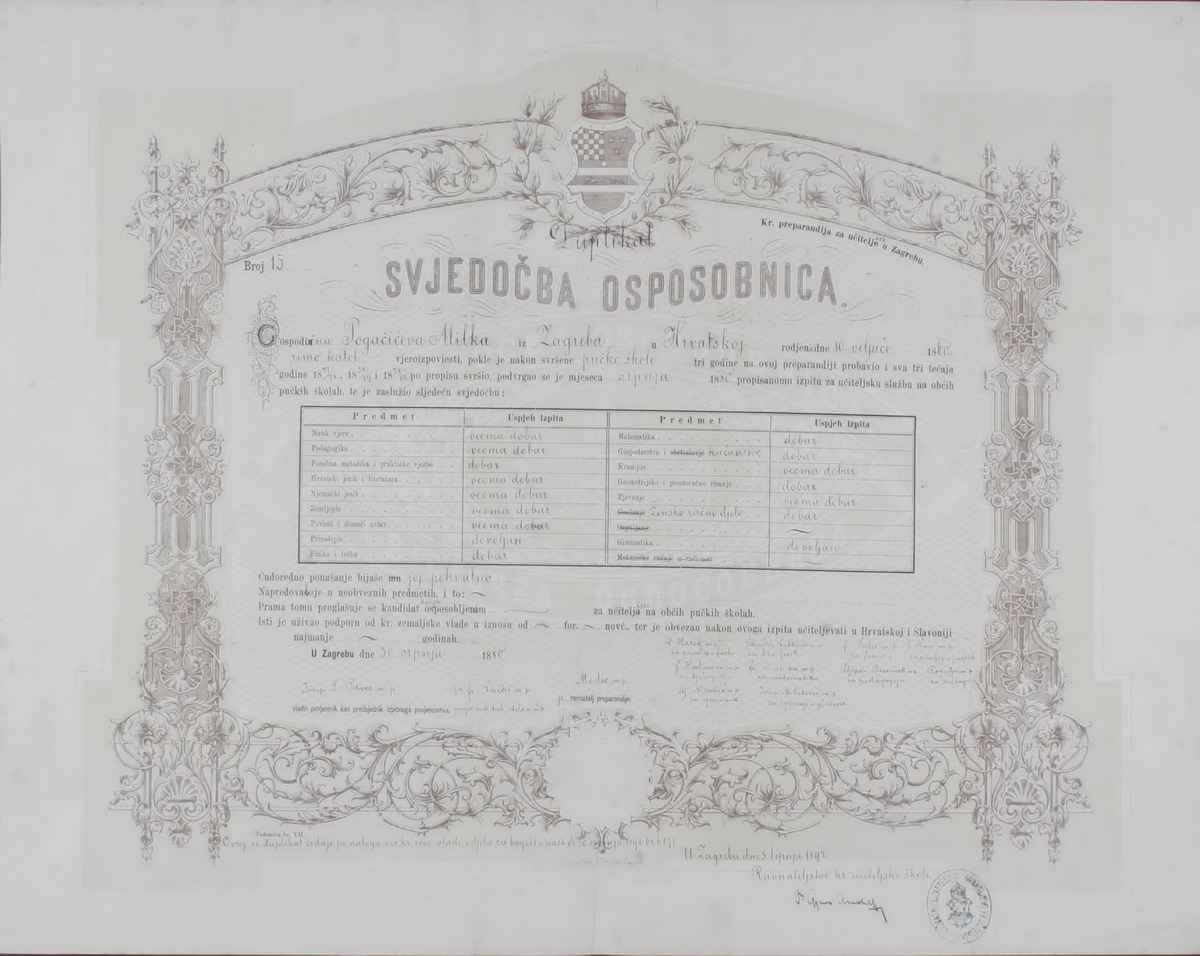 Svjedodžba osposobnica Milki Pogačić. Zagreb, 1880. (HŠM A 4417)
