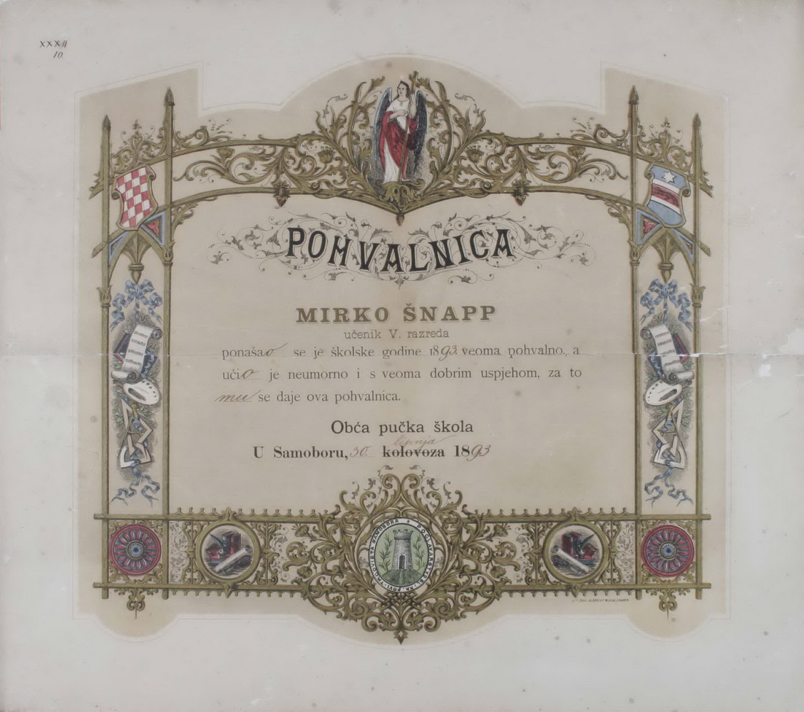 Pohvalnica Opće pučke škole u Samoboru Mirku Šnappu. Samobor, 1893. (HŠM A 2441)