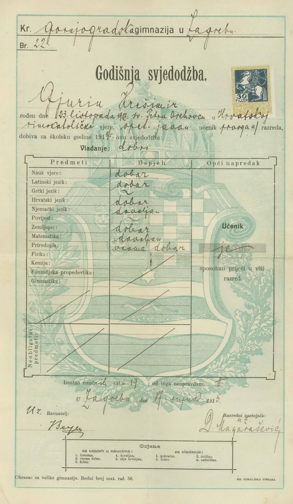 Svjedodžba Kr. gornjogradske gimnazije u Zagrebu Krešimiru Gjurinu. Zagreb, 17. 7. 1915. (HŠM A 4657)