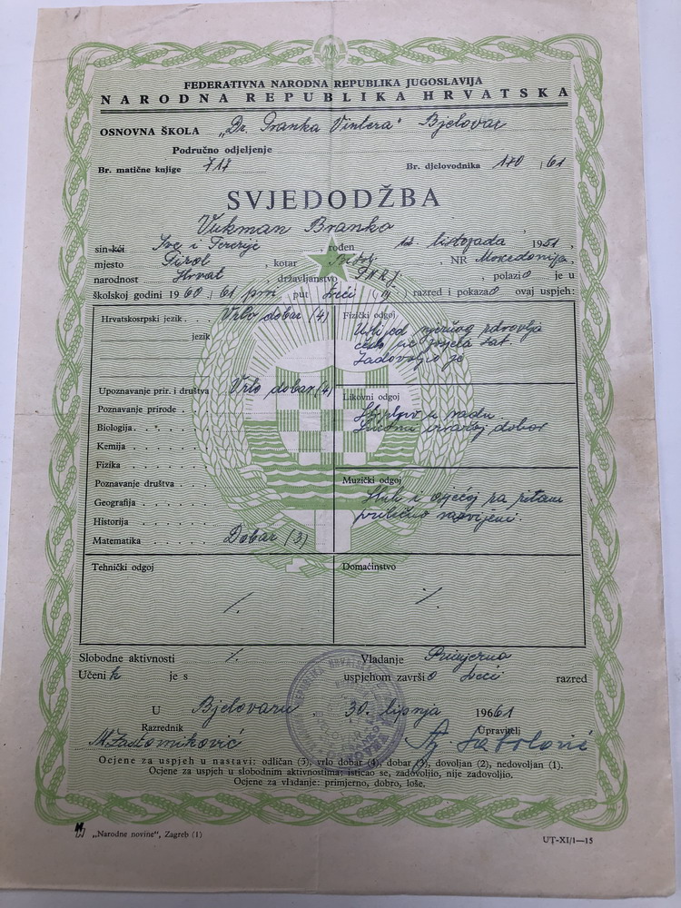 Svjedodžba Osnovne škole „Dr. Franko Winter” u Bjelovaru Branku Vukmanu. Bjelovar, 1961. (HŠM 39958)