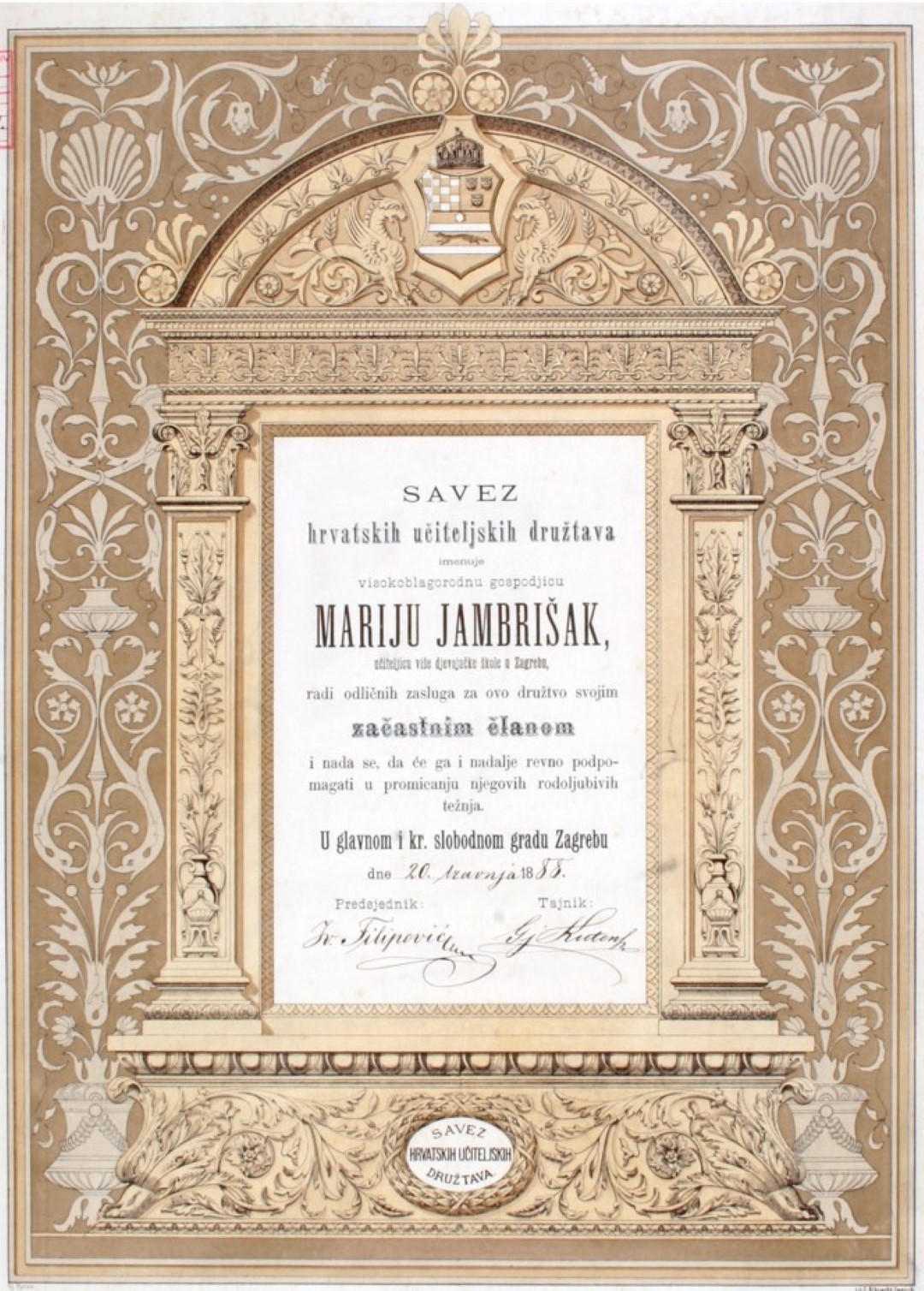 Diploma počasnoga člana Saveza hrvatskih učiteljskih društava Mariji Jambrišak. Zagreb, 1888. (HŠM A 1032)