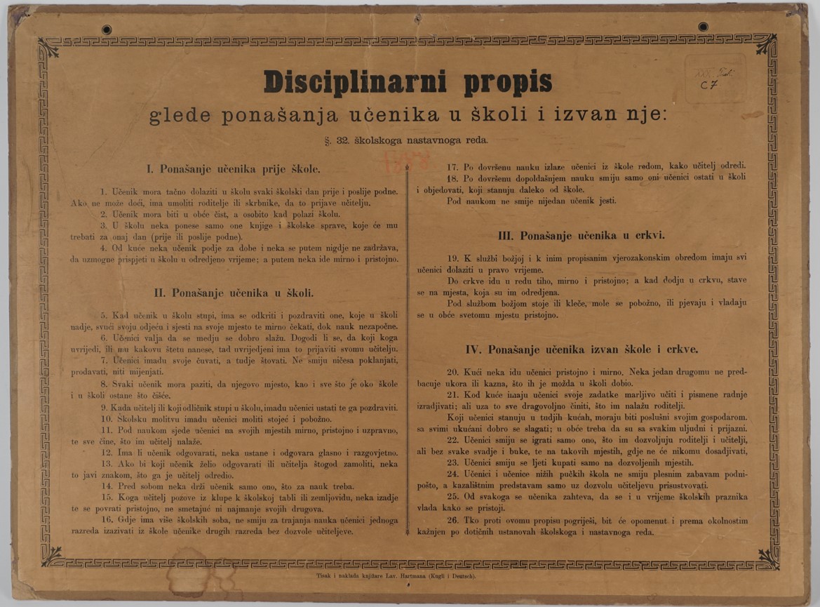 Disciplinarni propis glede ponašanja učenika u školi i izvan nje, Zagreb, 1888. god., HŠM Mp 365