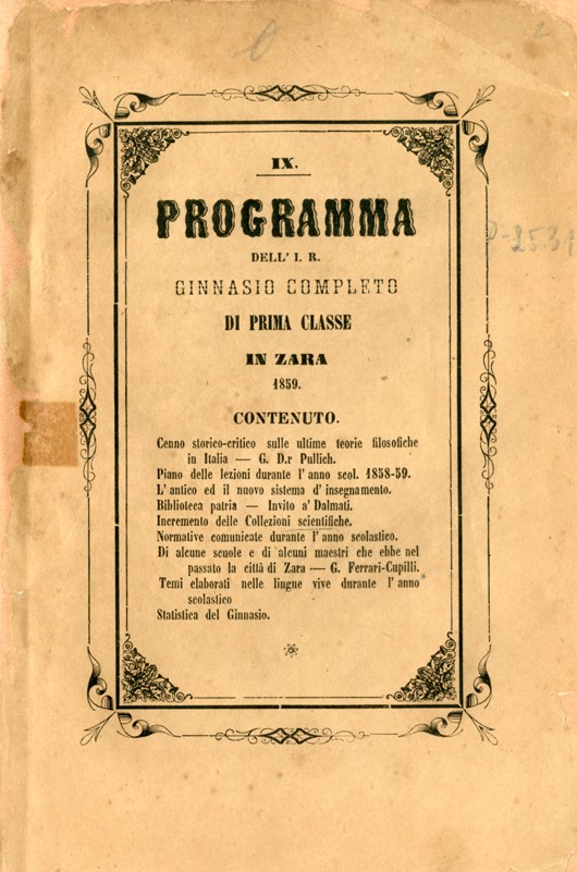 Izvještaj Carske i kraljevske gimnazije u Zadru na kraju školske godine 1858./1859. (HŠM Ši 438)