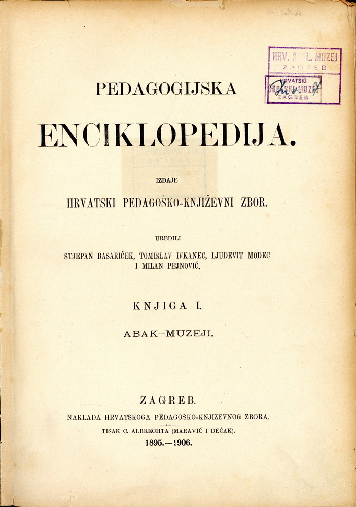 Pedagogijska enciklopedija izlazila je u sveščićima od 1895. do 1916. godine. Ostala je nedovršena, a posljednji obrađeni pojam je pravopis. (HŠM Km 1088)