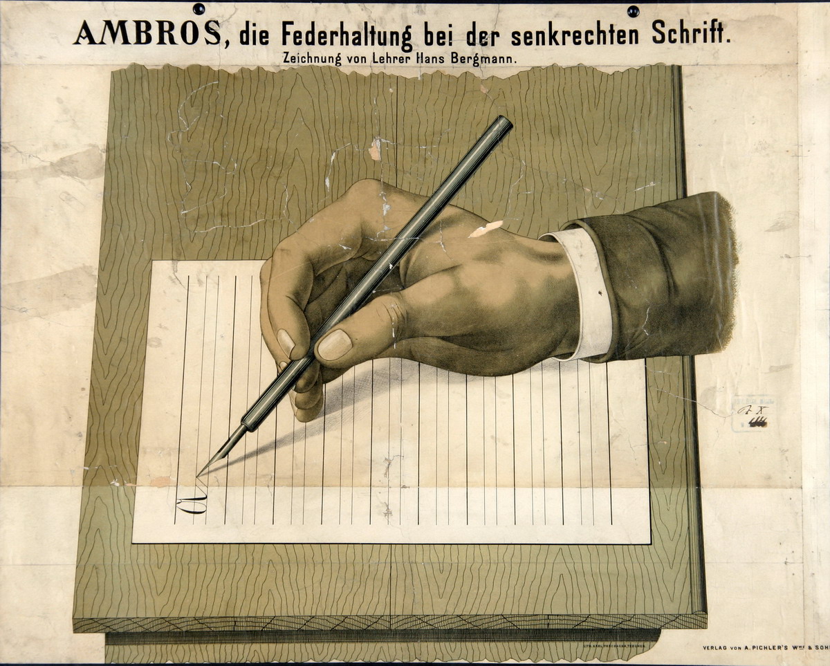 Pravilno držanje pera i ruke kod uspravnog pisma“, kraj 19. st. (zidne table) HŠM Mp 6119