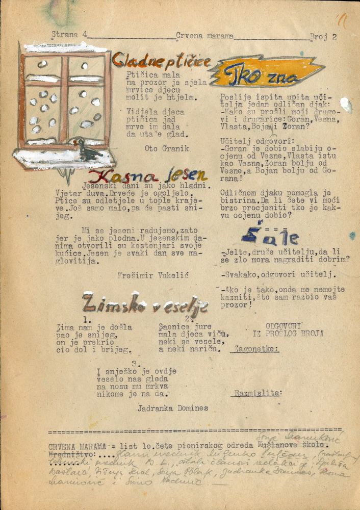 Svaki list odražava vrijeme u kojem je nastao. Naziv lista asocira na pionire i pionirsku organizaciju. (Crvena marama, s. a., HŠM 42259)