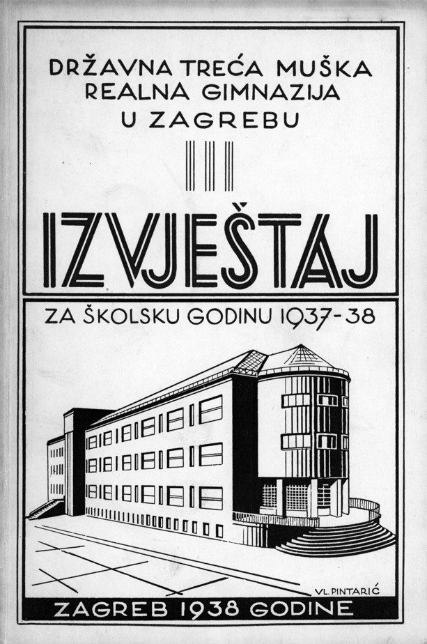 Tridesetih godina 20. stoljeća najčešći je motiv na omotu bila školska zgrada. Zagreb, 1938. (HŠM Ši 468)