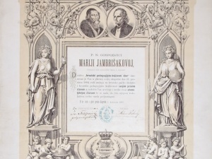 Diploma pravog člana Hrvatskog pedagoško-književnog zbora Mariji Jambrišak.  Zagreb, 1887. (HŠM A 1005)