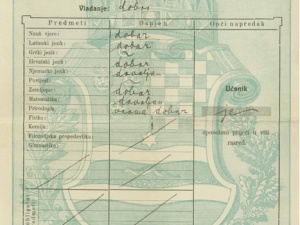 Svjedodžba Kr. gornjogradske gimnazije u Zagrebu Krešimiru Gjurinu.  Zagreb, 17. 7. 1915. (HŠM A 4657)