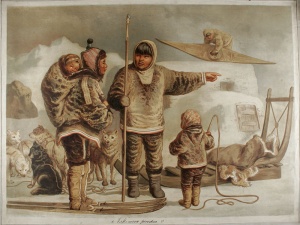 Zidna tabla – eskimska obitelj, autor nepoznat, kraj 19. st., papir, platnene trake, kolorirana litografija, 67x88 cm